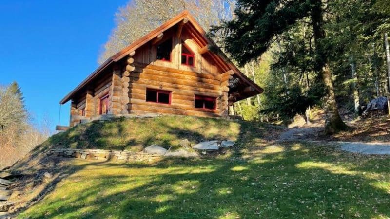 Chalet en rondin de bois vu d'enbas